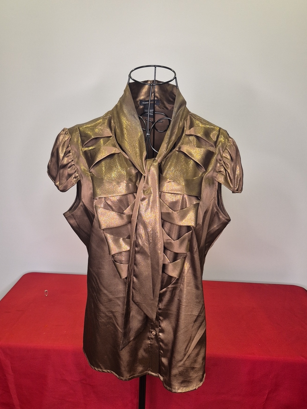 Shimmery Bronze Satin Tie-Neck Blouse BCBG Maxaria Size L